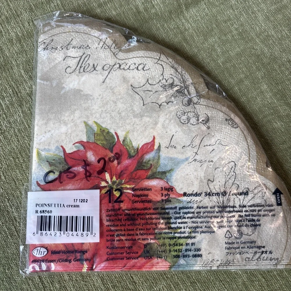 IHR 3 Ply Paper Napkins Poinsettia Cream 12 Ct. 34 cm Scalloped Made in Germany